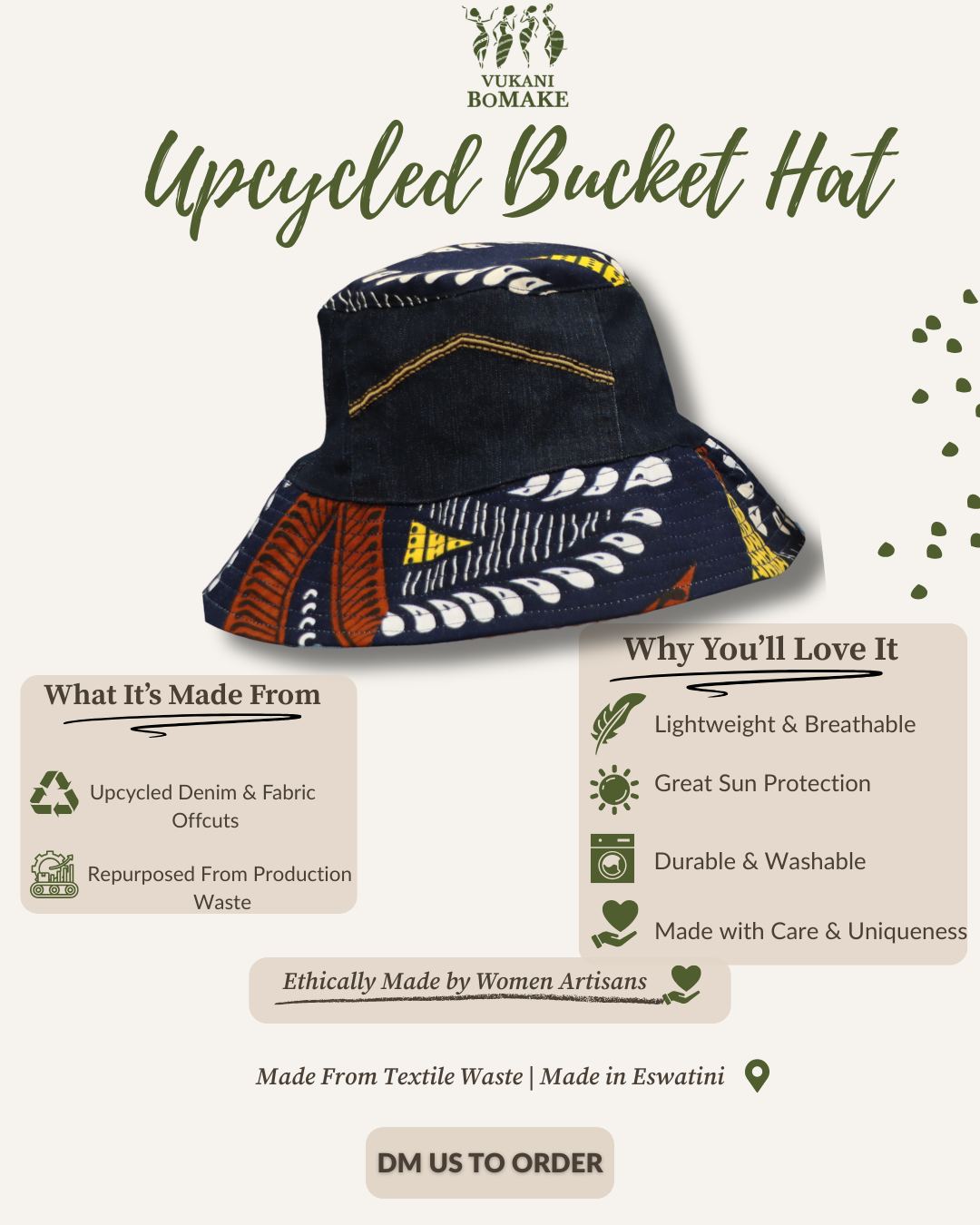 A relevant and stylish culmination of repurposed textiles and innovative design.
Our bucket hats are handcrafted from previously loved denim and textile fabric off-cuts — transformed by our women into chic, practical, everyday wear.

DM us to get yours.

#SustainablyMade #MadeLocal #UpcycledFashion #EthicalDesign